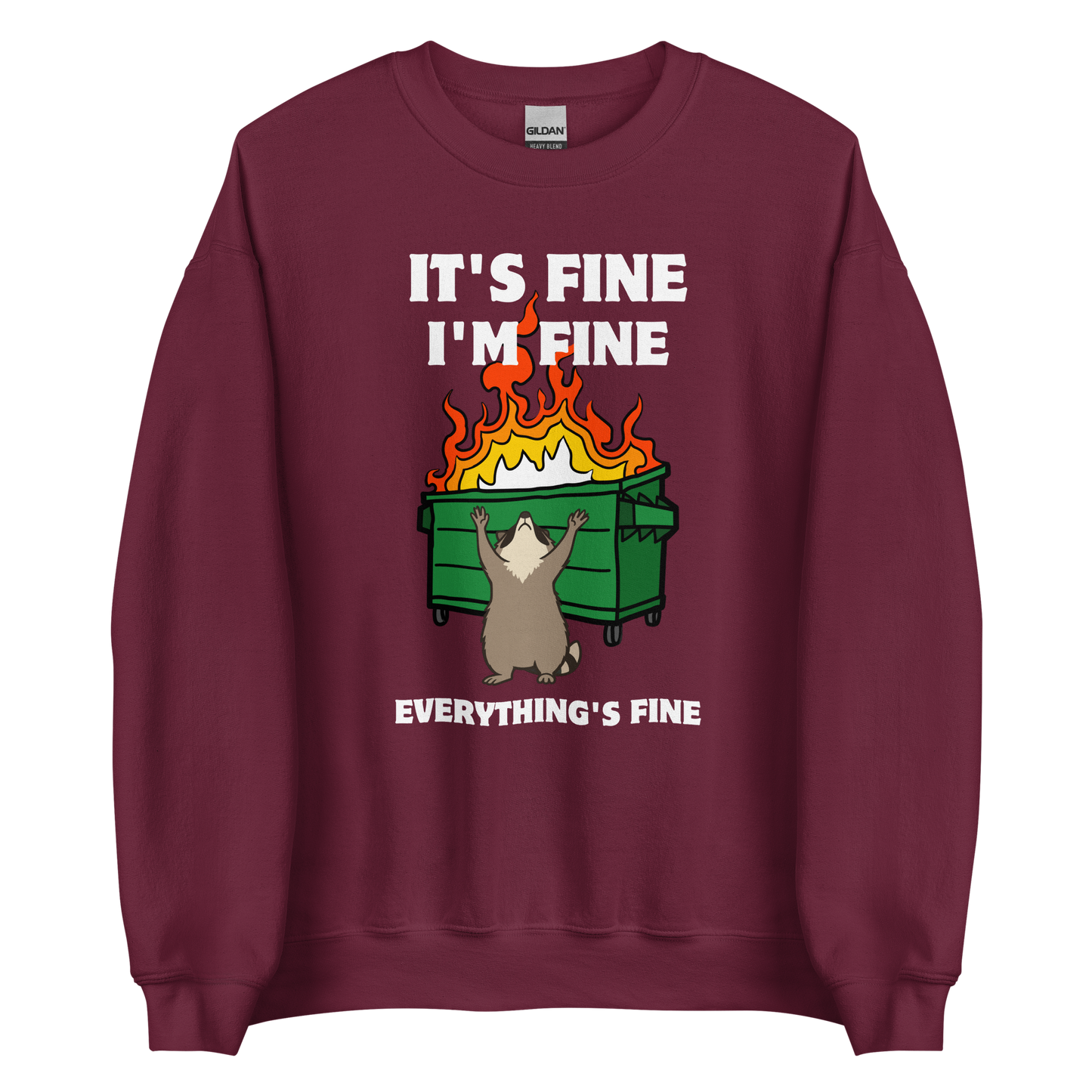 Funny Dumpster Fire Raccoon graphic sweatshirt in maroon by Boozy Fox