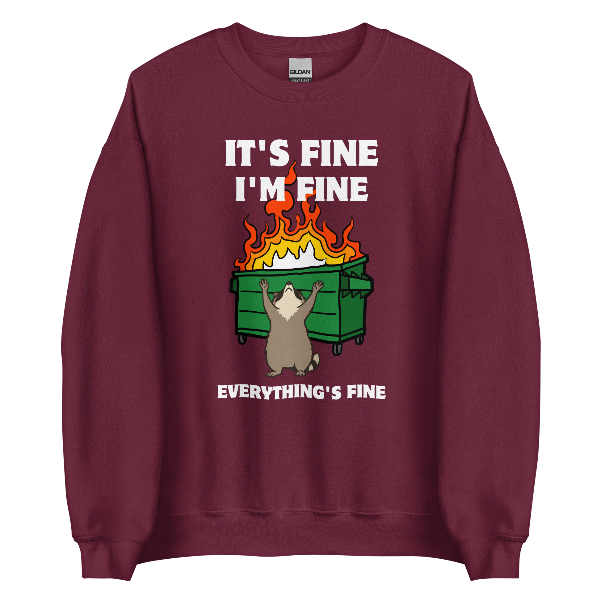 Funny Dumpster Fire Raccoon graphic sweatshirt in maroon by Boozy Fox