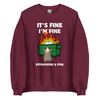 Funny Dumpster Fire Raccoon graphic sweatshirt in maroon by Boozy Fox