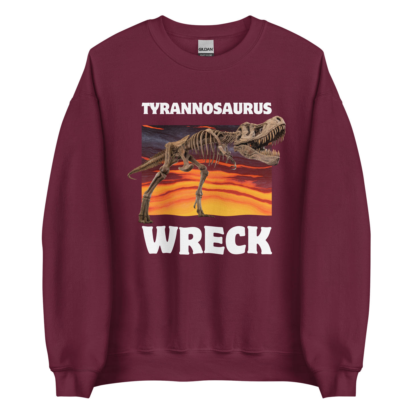 Funny Tyrannosaurus Wreck T-Rex Dinosaur graphic sweatshirt in maroon by Boozy Fox