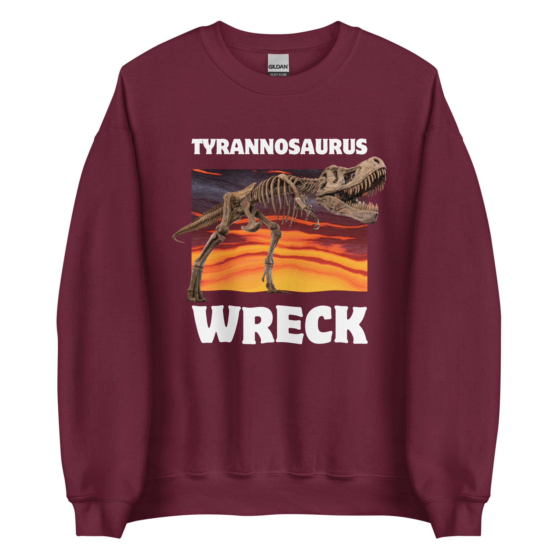 Funny Tyrannosaurus Wreck T-Rex Dinosaur graphic sweatshirt in maroon by Boozy Fox