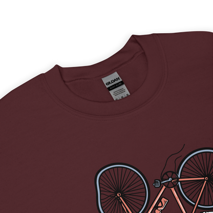 Product details of a Maroon Ride or Die Sweatshirt featuring a bold Skeleton Falling While Riding a Bicycle graphic on the chest - Funny Graphic Skeleton Sweatshirts - Boozy Fox