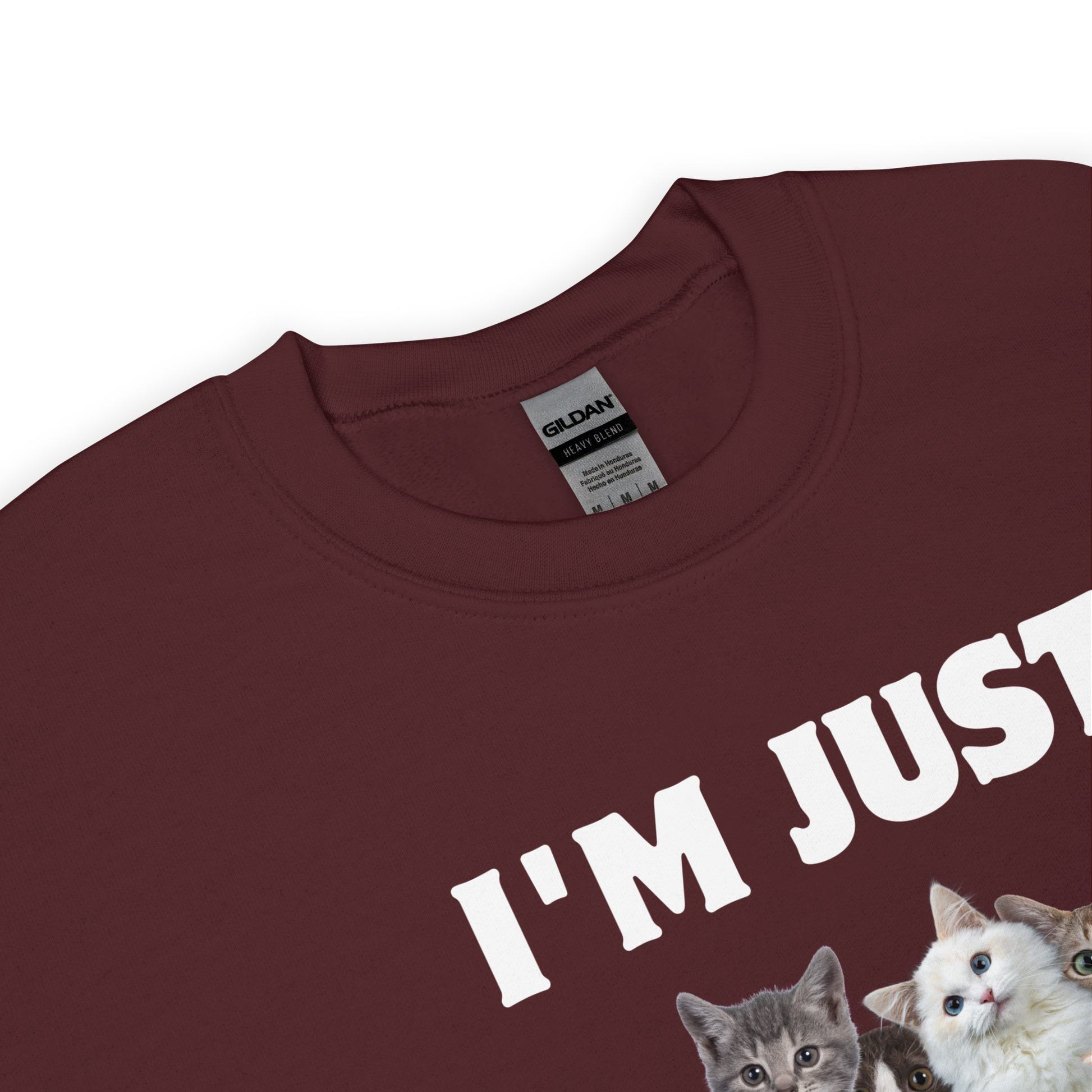 Product details of a Maroon Cat Sweatshirt featuring an I'm Just Kitten Around graphic on the chest - Funny Graphic Cat Sweatshirts - Boozy Fox