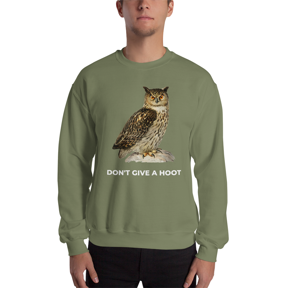 Man wearing a Military Green Owl Sweatshirt featuring a captivating Don't Give a Hoot graphic on the chest - Funny Graphic Owl Sweatshirts - Boozy Fox