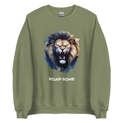 Military Green Lion Sweatshirt featuring a Roar-Some graphic on the chest - Cool Graphic Lion Sweatshirts - Boozy Fox