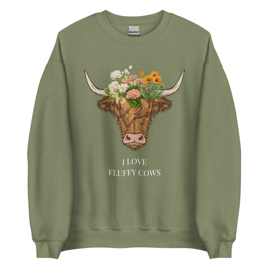 Military Green Highland Cow Sweatshirt featuring an adorable I Love Fluffy Cows graphic on the chest - Cute Graphic Highland Cow Sweatshirts - Boozy Fox
