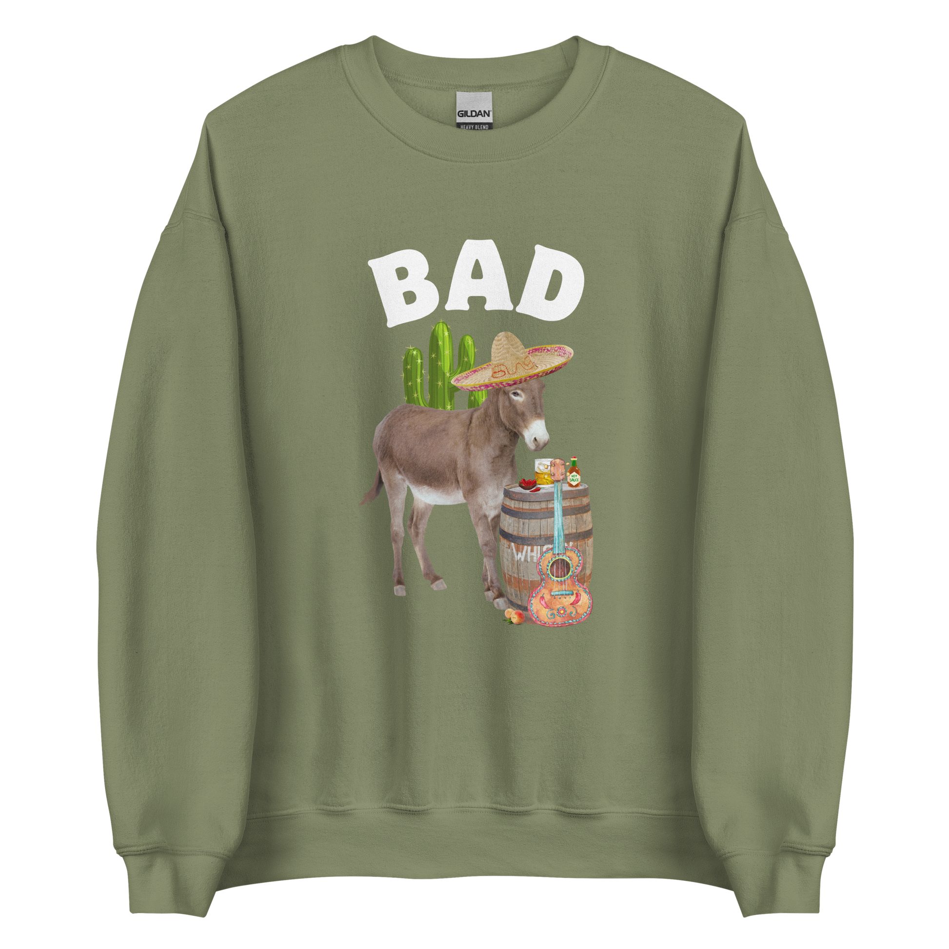Military Green Donkey Sweatshirt featuring a Funny Bad Ass Donkey graphic on the chest - Funny Graphic Bad Ass Donkey Sweatshirts - Boozy Fox