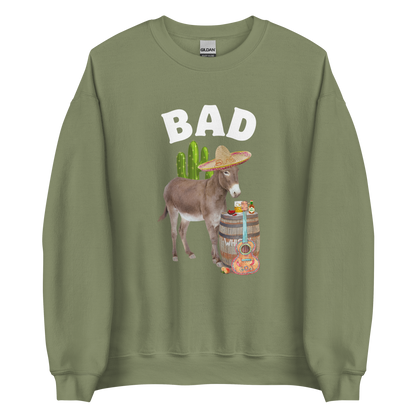 Military Green Donkey Sweatshirt featuring a Funny Bad Ass Donkey graphic on the chest - Funny Graphic Bad Ass Donkey Sweatshirts - Boozy Fox