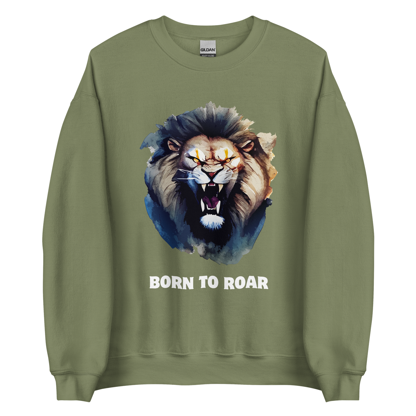 Funny Born to Roar Lion graphic sweatshirt in military green by Boozy Fox
