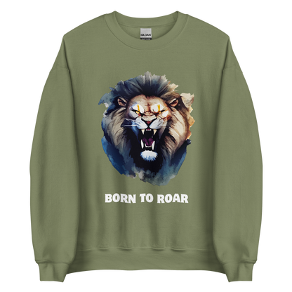 Funny Born to Roar Lion graphic sweatshirt in military green by Boozy Fox