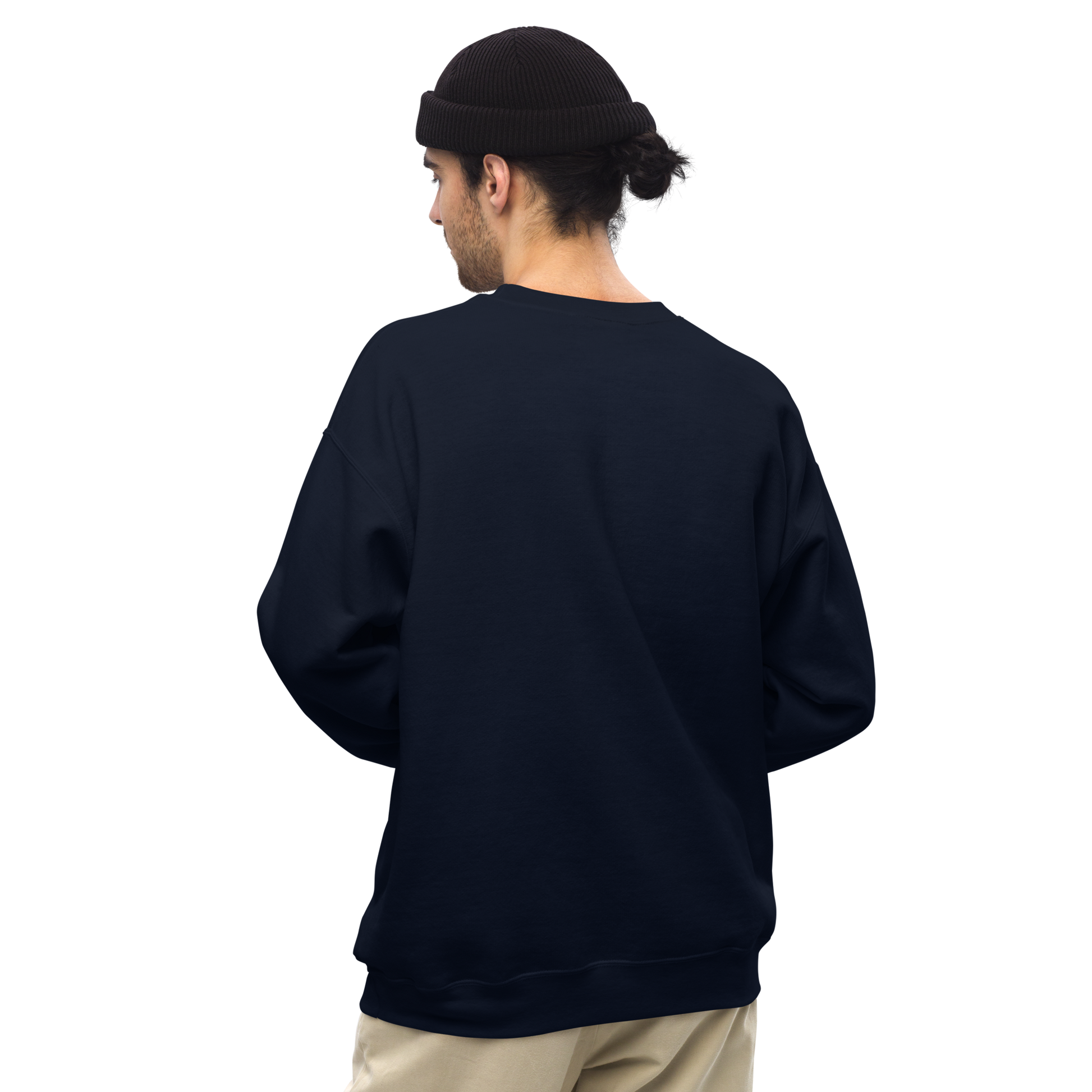 Back of a man wearing a Navy Shiba Inu Sweatshirt featuring the Inu-Credible graphic on the chest - Funny Graphic Shiba Inu Sweatshirts - Boozy Fox