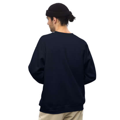 Back of a man wearing a Navy Shiba Inu Sweatshirt featuring the Inu-Credible graphic on the chest - Funny Graphic Shiba Inu Sweatshirts - Boozy Fox