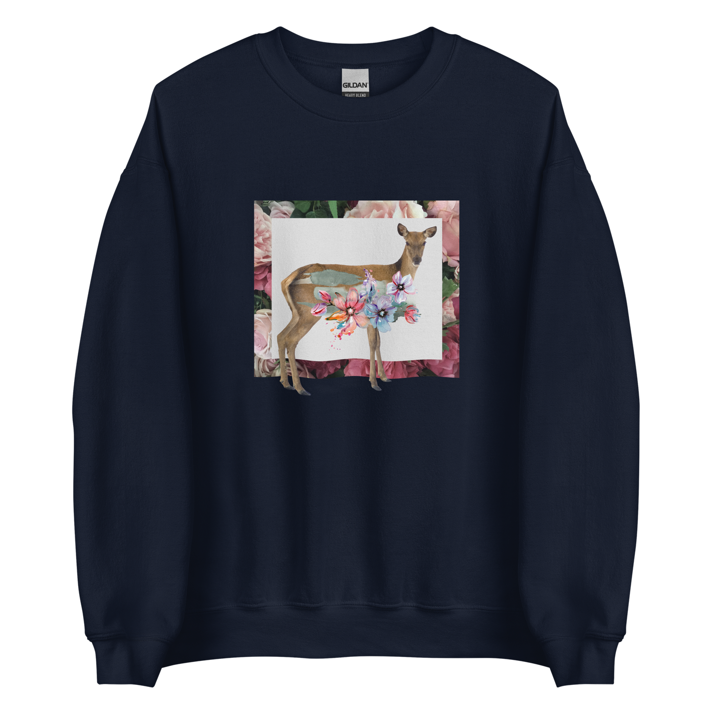 Navy Floral Deer Sweatshirt featuring a beautifully detailed vibrant Floral Deer graphic on the chest - Cute Graphic Deer Sweatshirts - Boozy Fox
