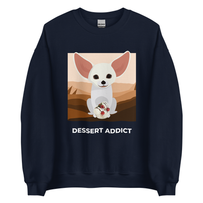 Navy Fennec Fox Sweatshirt featuring a cute Dessert Addict graphic on the chest - Funny Graphic Fennec Fox Sweatshirts - Boozy Fox
