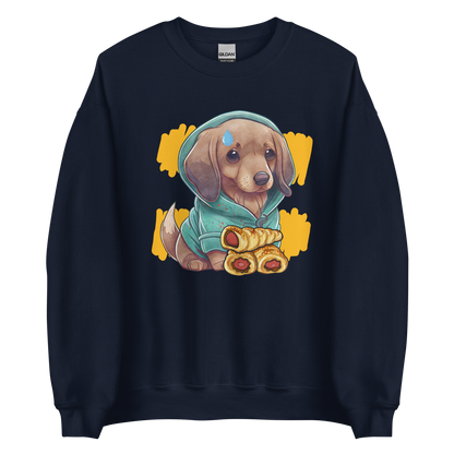 Navy Sausage Dog Sweatshirt featuring an adorable Sausage Roll Dachshund graphic on the chest - Funny Graphic Sausage Dog Sweatshirts - Boozy Fox
