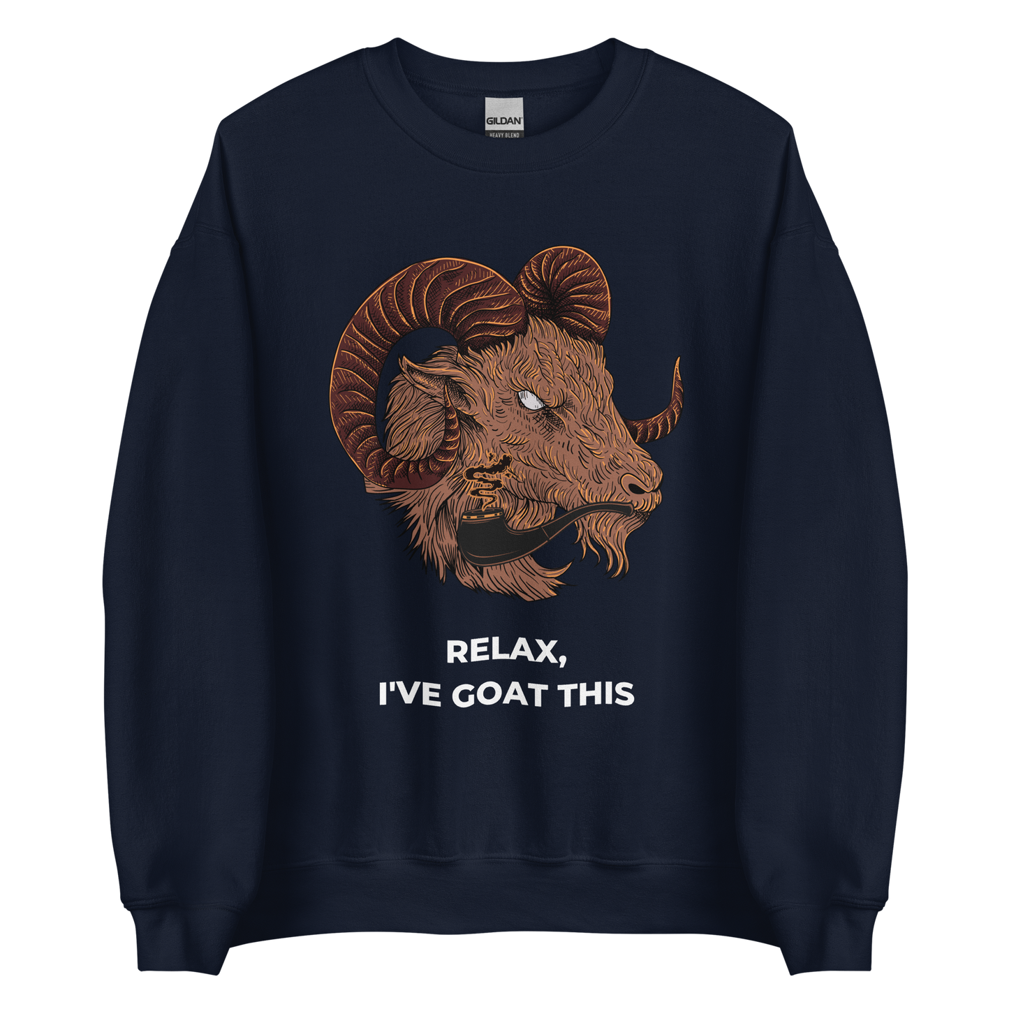 Navy Goat Sweatshirt featuring a fierce Relax I've Goat This graphic on the chest - Funny Graphic Goat Sweatshirts - Boozy Fox