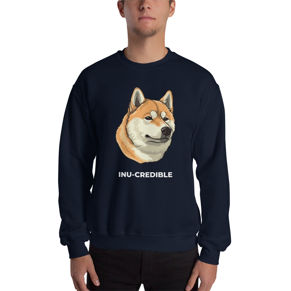 Man wearing a Navy Shiba Inu Sweatshirt featuring the Inu-Credible graphic on the chest - Funny Graphic Shiba Inu Sweatshirts - Boozy Fox