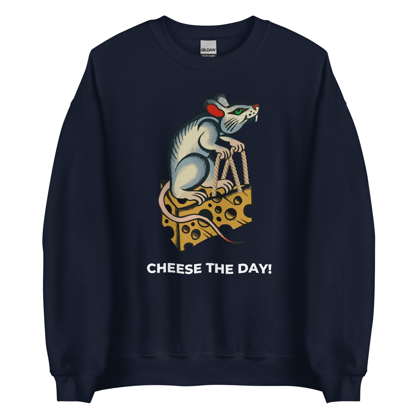 Navy  Rat Sweatshirt featuring a hilarious Cheese The Day graphic on the chest - Funny Graphic Rat Sweatshirts - Boozy Fox