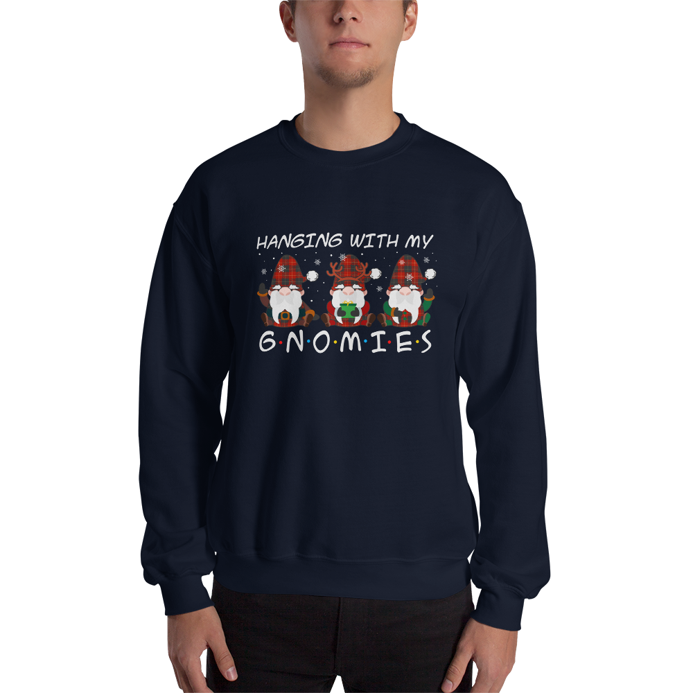 Man wearing a Navy Christmas Gnome Sweatshirt featuring a delight Hanging With My Gnomies graphic on the chest - Funny Christmas Graphic Gnome Sweatshirts - Boozy Fox
