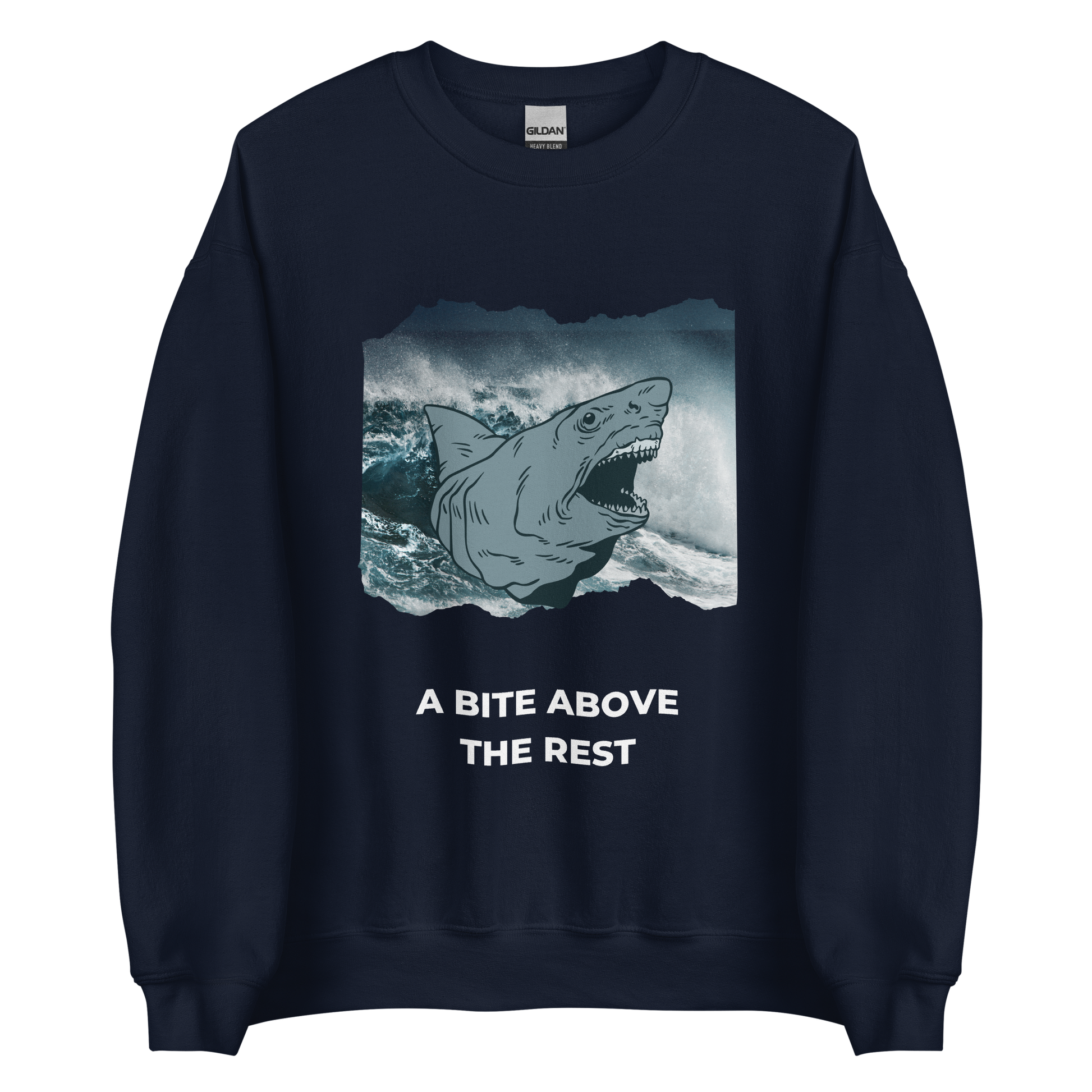 Navy Megalodon Sweatshirt featuring the 'A Bite Above the Rest' graphic on the chest - Funny Graphic Megalodon Sweatshirts - Boozy Fox
