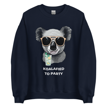 Navy Koala Sweatshirt featuring an adorable Koalafied To Party graphic on the chest - Funny Graphic Koala Sweatshirts - Boozy Fox