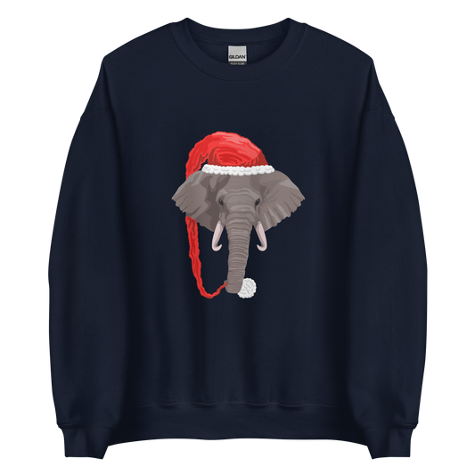 Navy Christmas Elephant Sweatshirt featuring a delight Elephant Wearing an Elf Hat graphic on the chest - Funny Christmas Graphic Elephant Sweatshirts - Boozy Fox