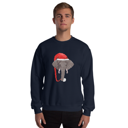 Man wearing a Navy Christmas Elephant Sweatshirt featuring a delight Elephant Wearing an Elf Hat graphic on the chest - Funny Christmas Graphic Elephant Sweatshirts - Boozy Fox