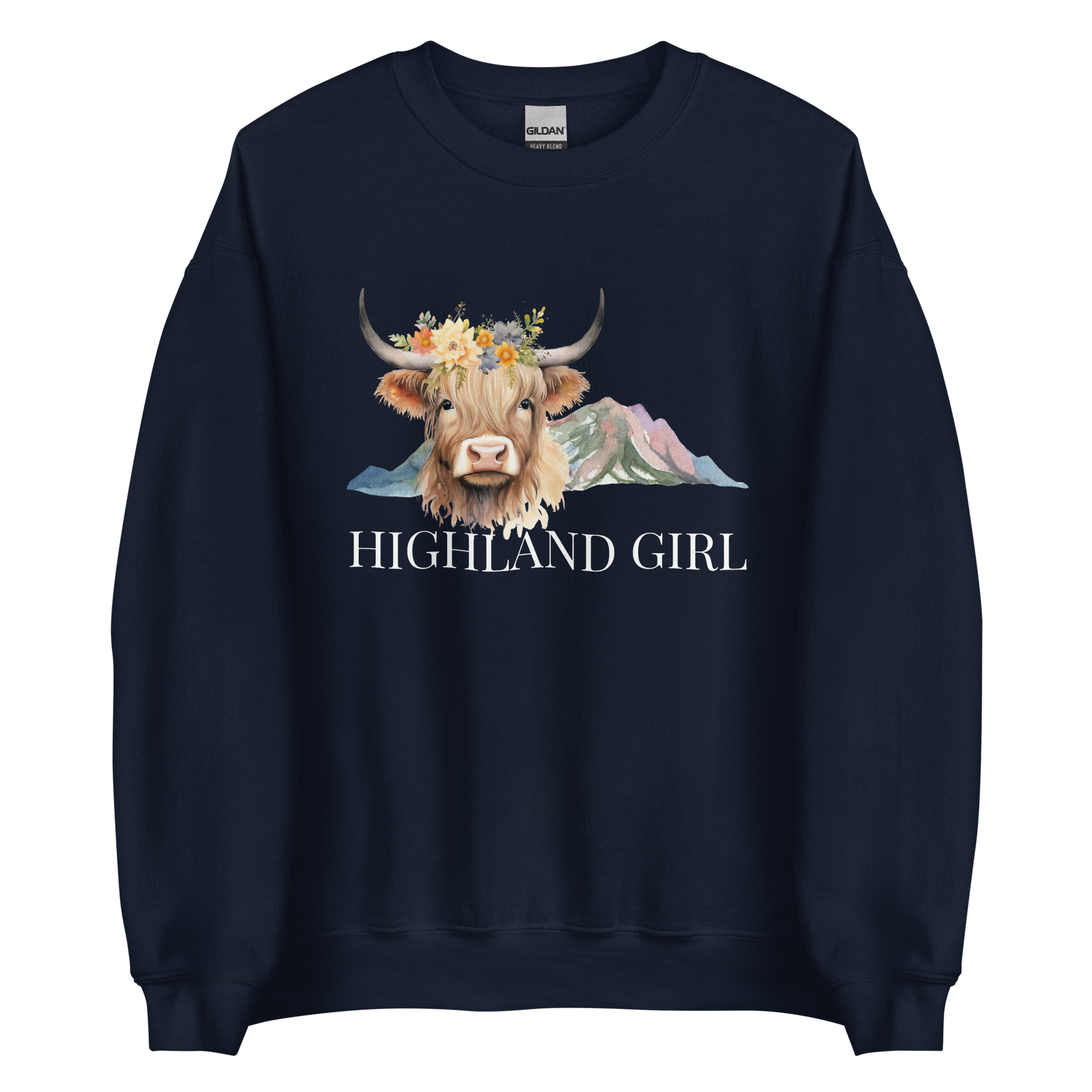 Navy Highland Cow Sweatshirt featuring an adorable Highland Girl graphic on the chest - Cute Graphic Highland Cow Sweatshirts - Boozy Fox