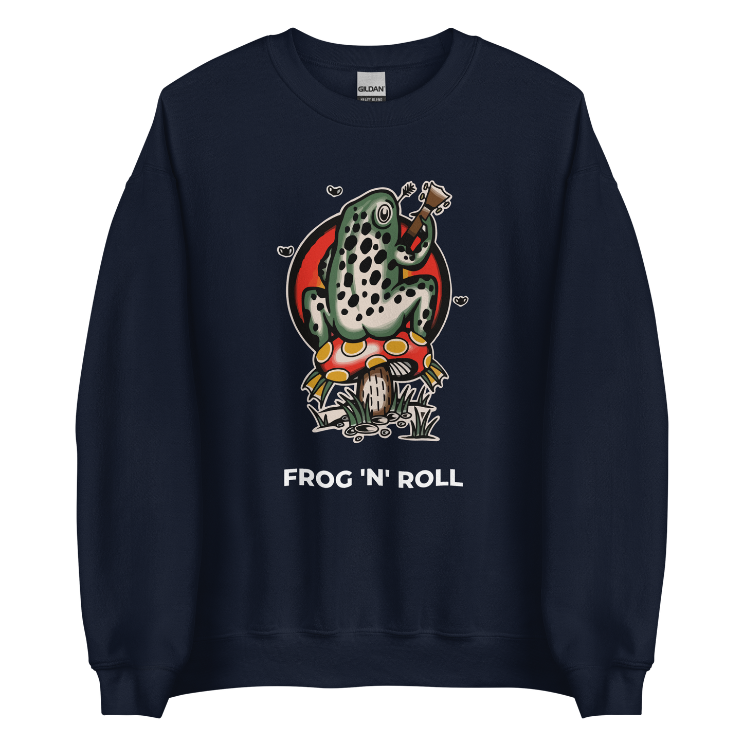 Navy Frog Sweatshirt featuring the hilarious Frog 'n' Roll graphic on the chest - Funny Graphic Frog Sweatshirts - Boozy Fox