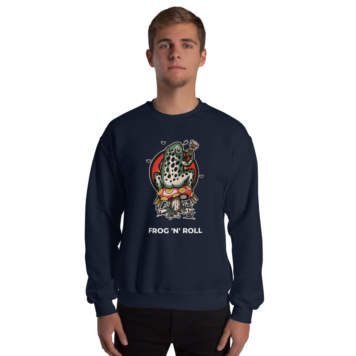Man wearing a Navy Frog Sweatshirt featuring the hilarious Frog 'n' Roll graphic on the chest - Funny Graphic Frog Sweatshirts - Boozy Fox