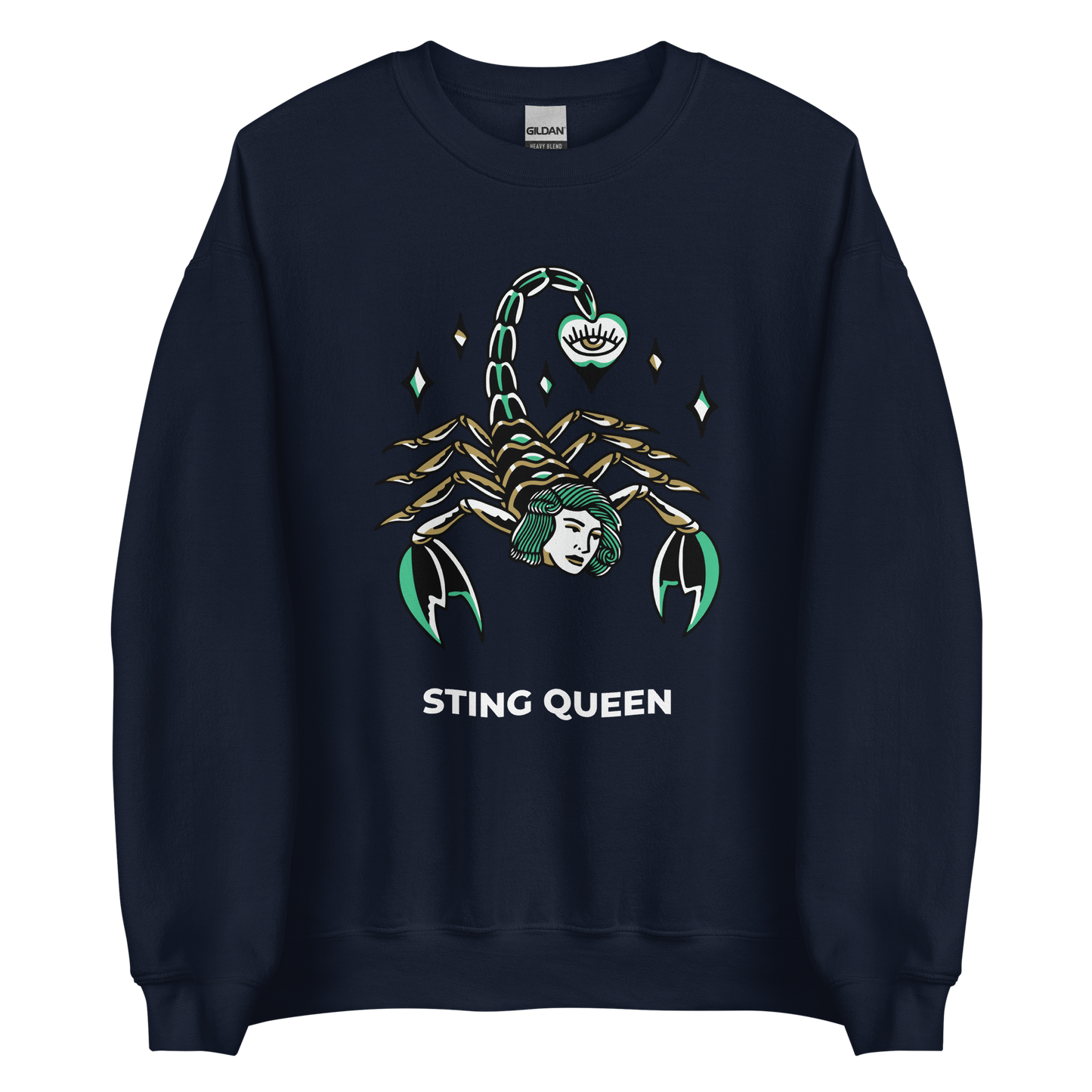 Navy Scorpion Sweatshirt featuring the Sting Queen graphic on the chest - Cool Graphic Scorpion Sweatshirts - Boozy Fox