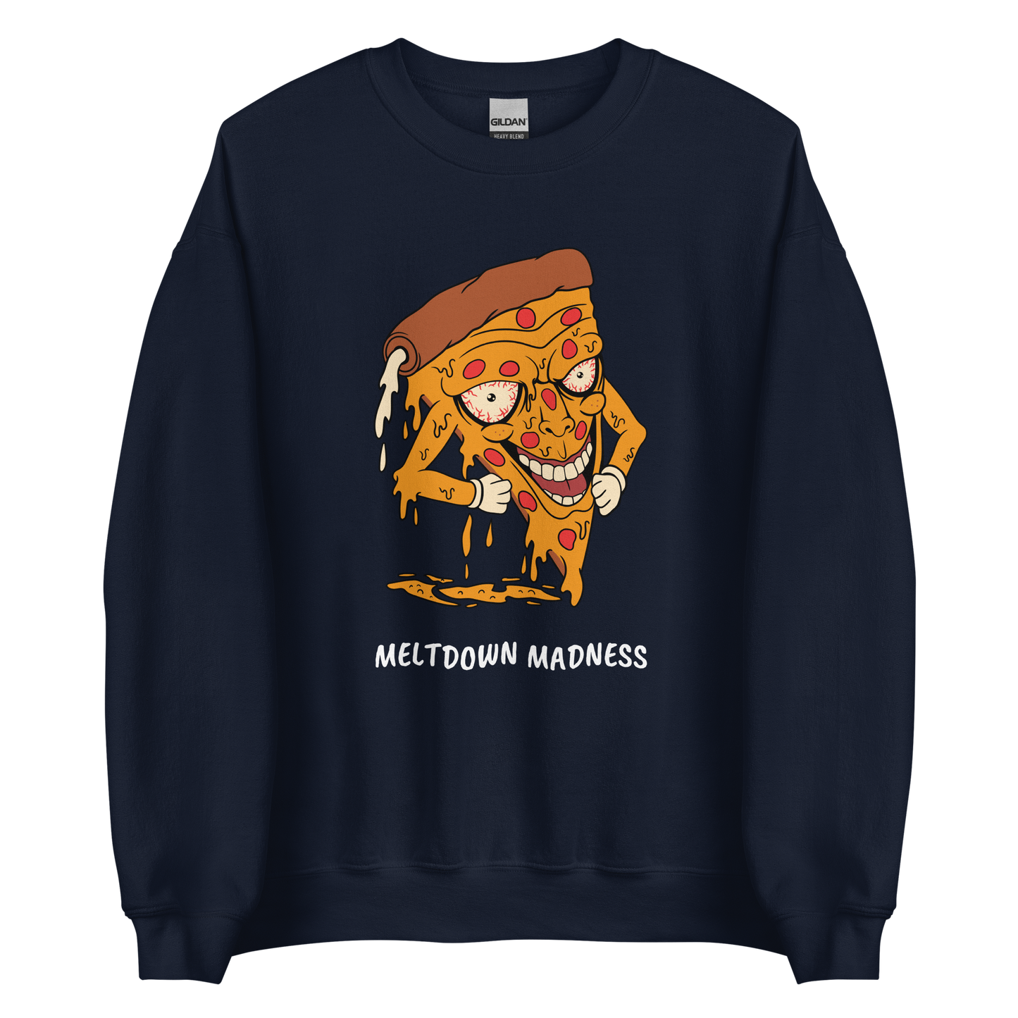 Navy Melting Pizza Sweatshirt featuring a Meltdown Madness graphic on the chest - Funny Graphic Pizza Sweatshirts - Boozy Fox
