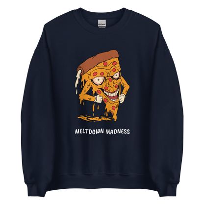 Navy Melting Pizza Sweatshirt featuring a Meltdown Madness graphic on the chest - Funny Graphic Pizza Sweatshirts - Boozy Fox