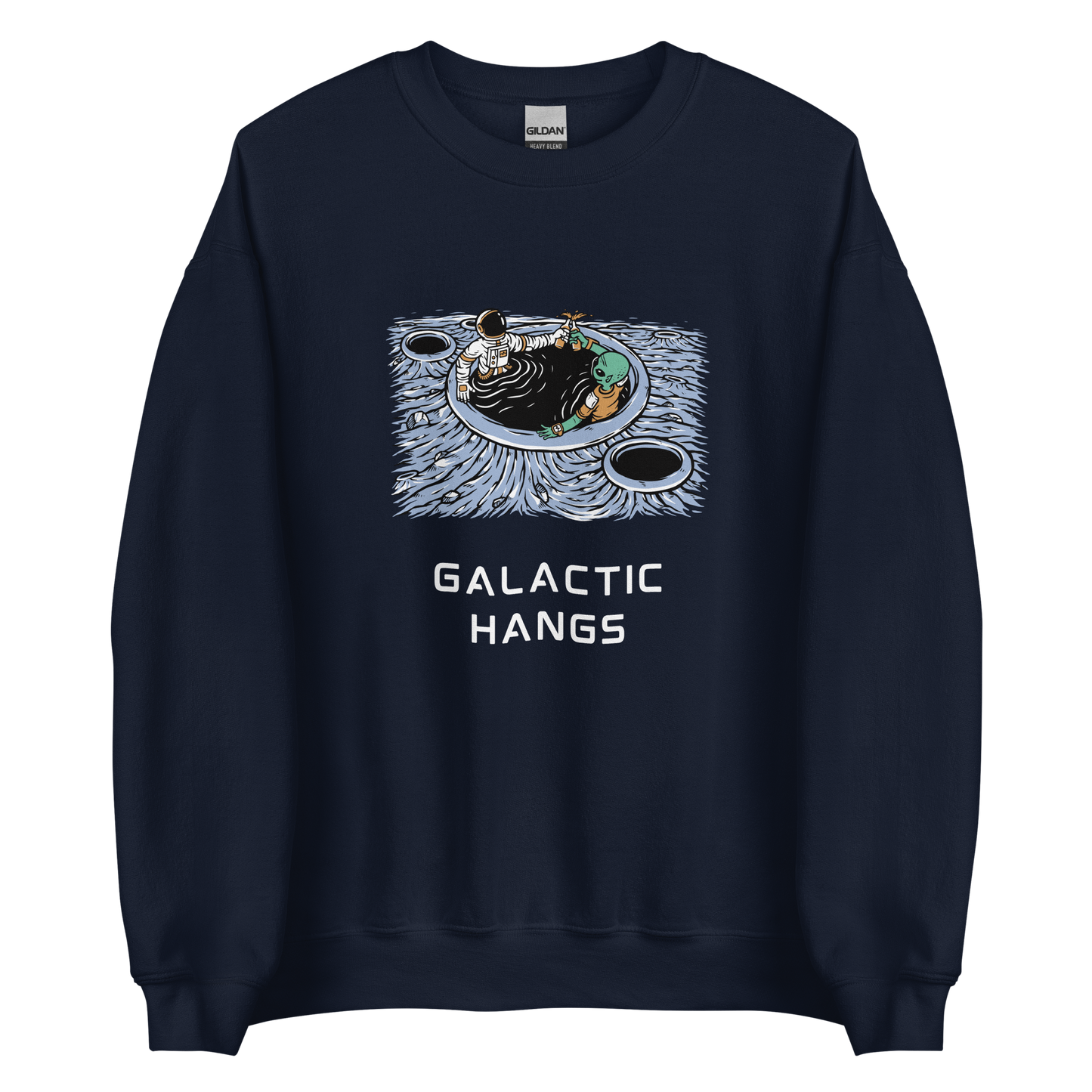 Navy Galactic Hangs Sweatshirt featuring an out-of-this-world graphic of an Astronaut and Alien Chilling Together - Funny Graphic Space Sweatshirts - Boozy Fox