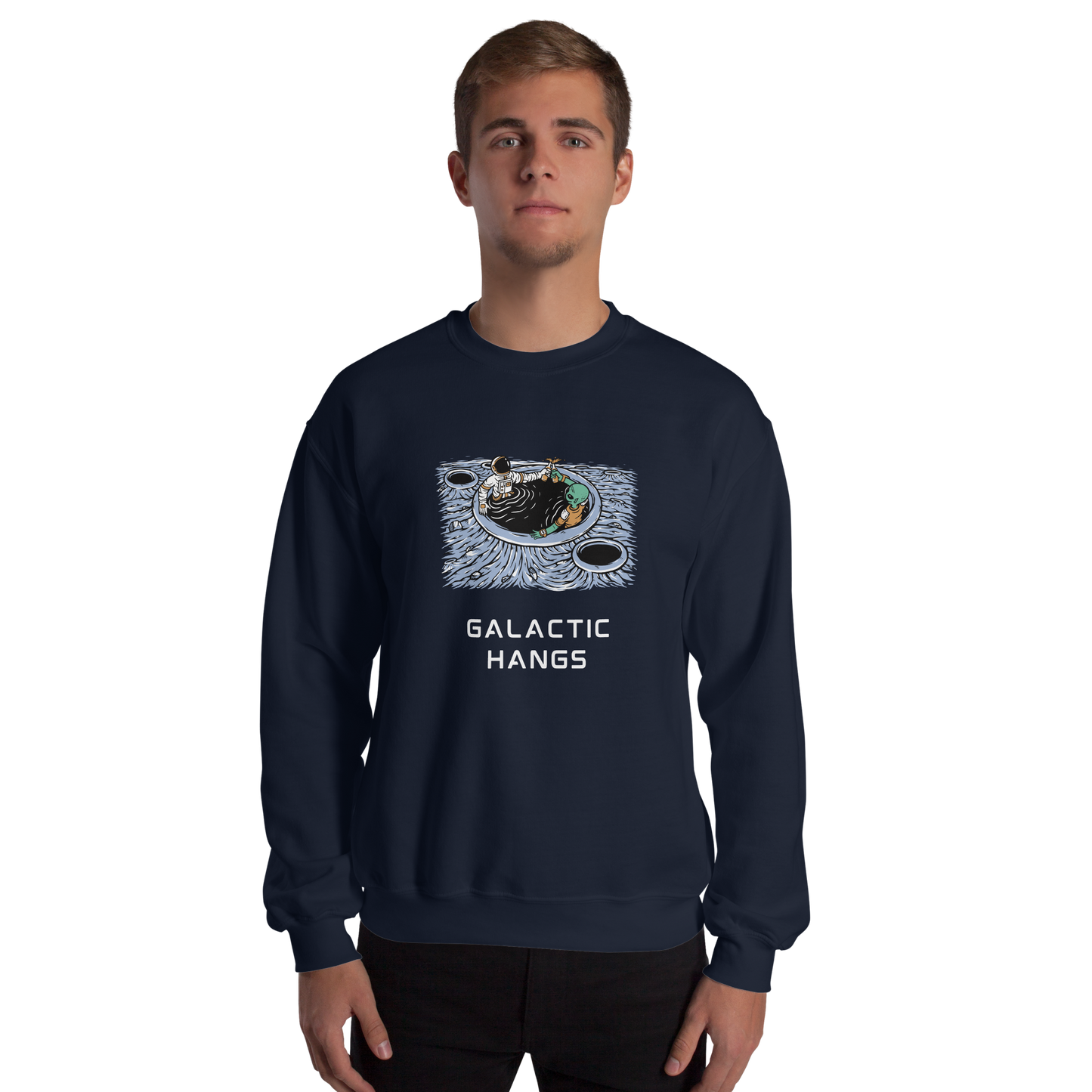 Man wearing a Navy Galactic Hangs Sweatshirt featuring an out-of-this-world graphic of an Astronaut and Alien Chilling Together - Funny Graphic Space Sweatshirts - Boozy Fox