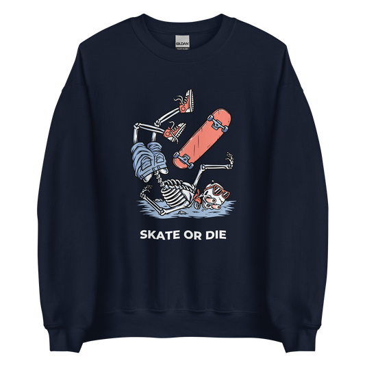 Navy Skate or Die Sweatshirt featuring a daring Skeleton Falling While Skateboarding graphic on the chest - Cool Graphic Skeleton Sweatshirts - Boozy Fox
