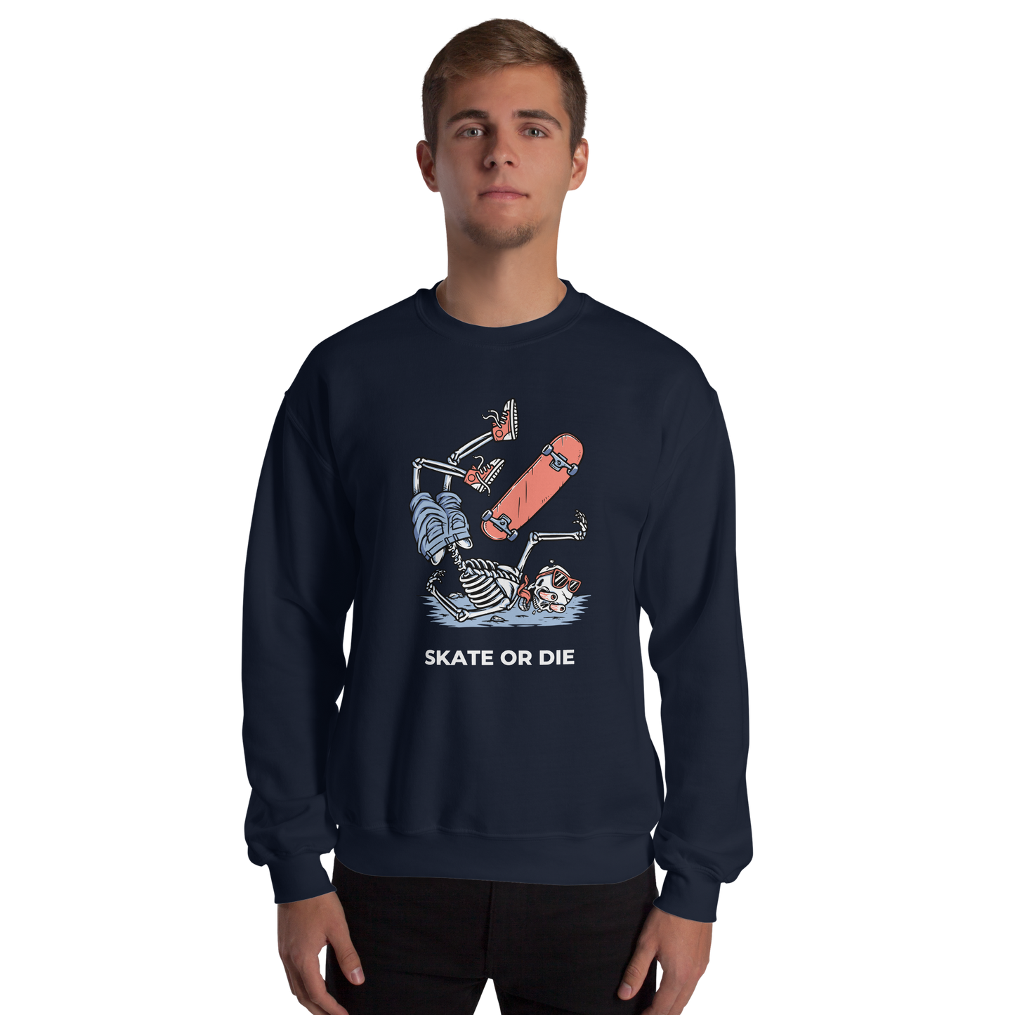 Man wearing a Navy Skate or Die Sweatshirt featuring a daring Skeleton Falling While Skateboarding graphic on the chest - Cool Graphic Skeleton Sweatshirts - Boozy Fox