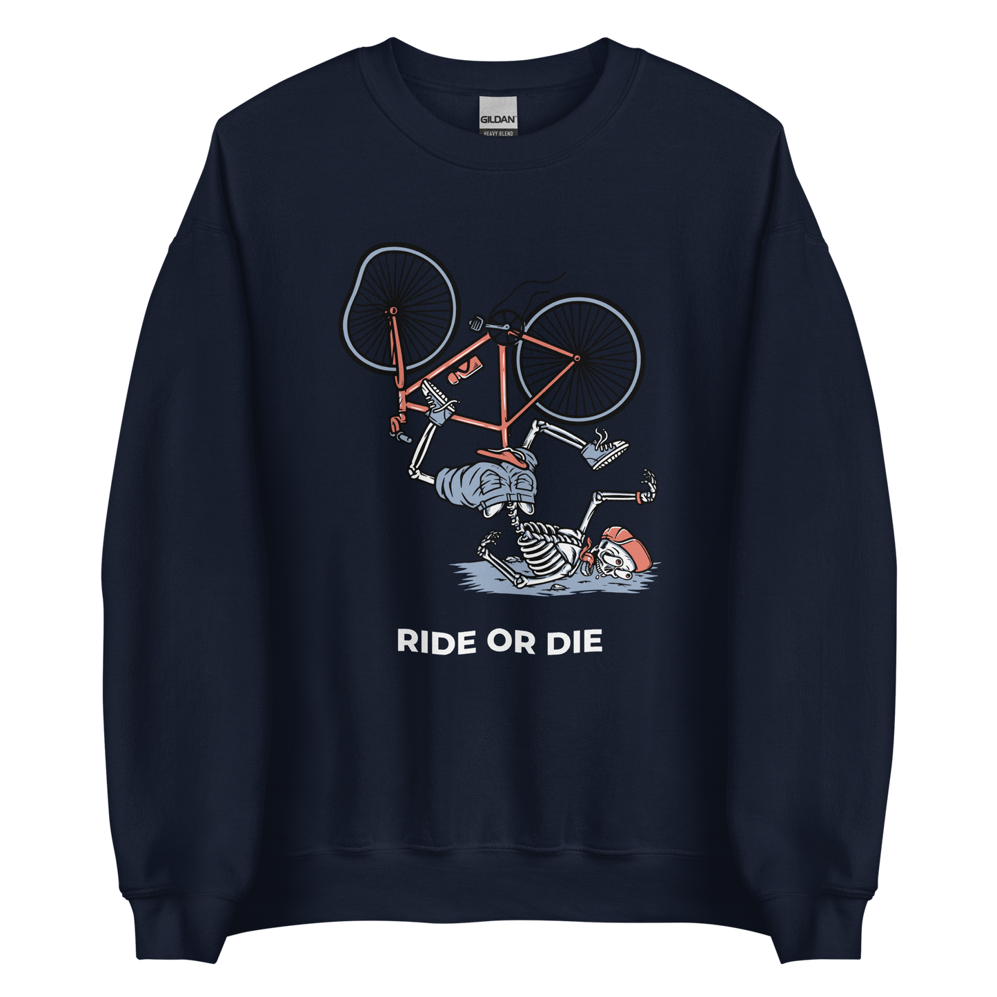 Navy Ride or Die Sweatshirt featuring a bold Skeleton Falling While Riding a Bicycle graphic on the chest - Funny Graphic Skeleton Sweatshirts - Boozy Fox