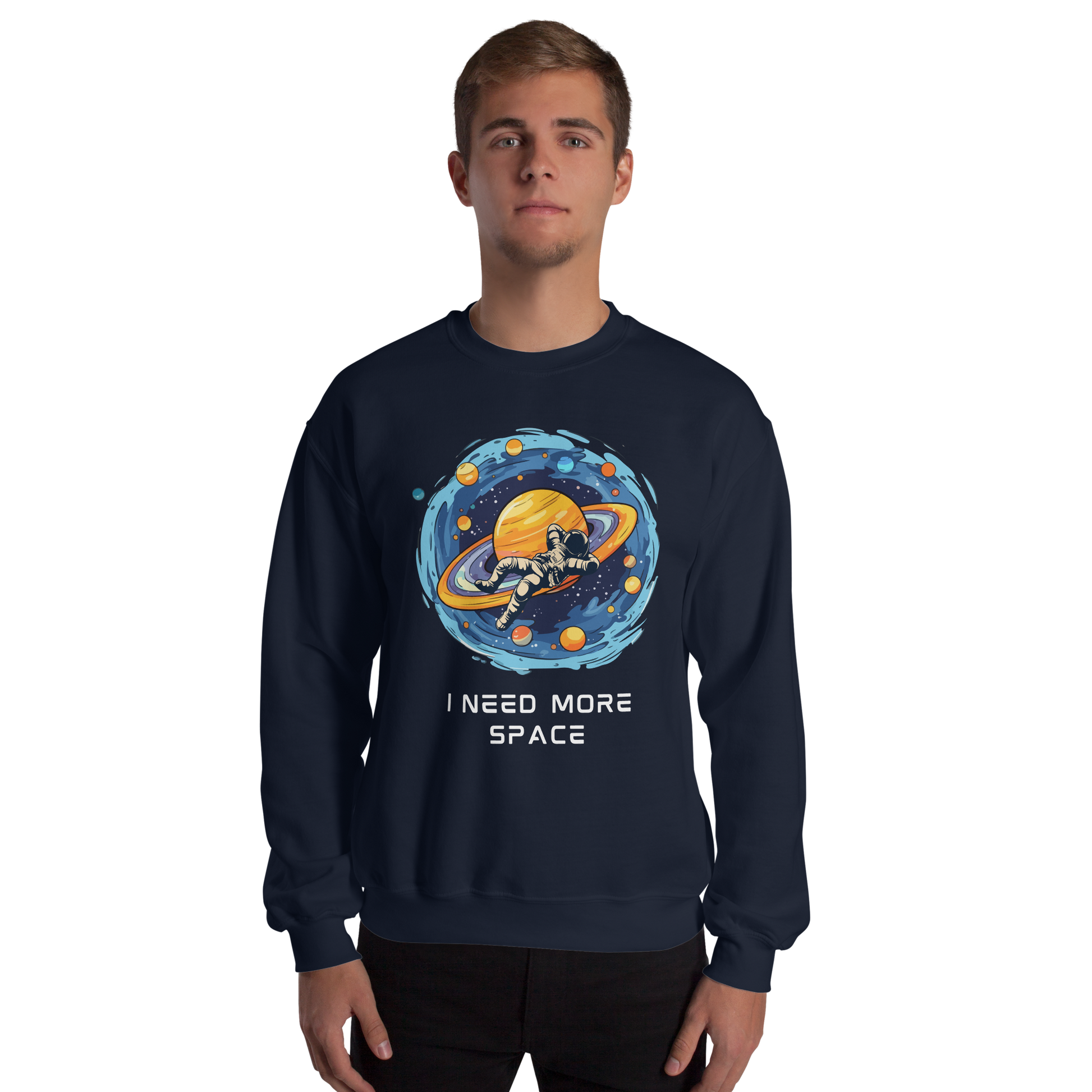 Man wearing a Navy Astronaut Sweatshirt featuring a captivating I Need More Space graphic on the chest - Funny Graphic Space Sweatshirts - Boozy Fox