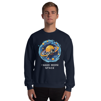 Man wearing a Navy Astronaut Sweatshirt featuring a captivating I Need More Space graphic on the chest - Funny Graphic Space Sweatshirts - Boozy Fox