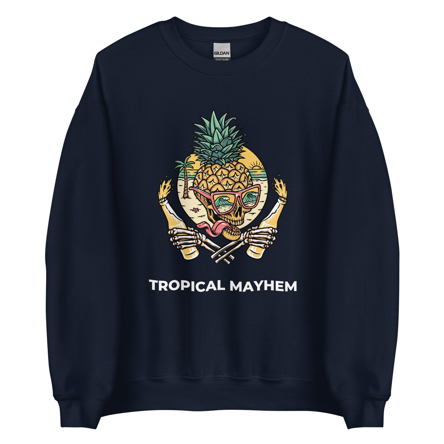 Navy Tropical Mayhem Sweatshirt featuring a Crazy Pineapple Skull graphic on the chest - Funny Graphic Pineapple Sweatshirts - Boozy Fox