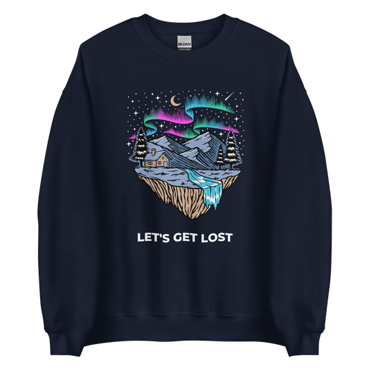 Navy Let's Get Lost Sweatshirt featuring a mesmerizing night sky, adorned with stars and aurora borealis graphic on the chest - Cool Graphic Northern Lights Sweatshirts - Boozy Fox