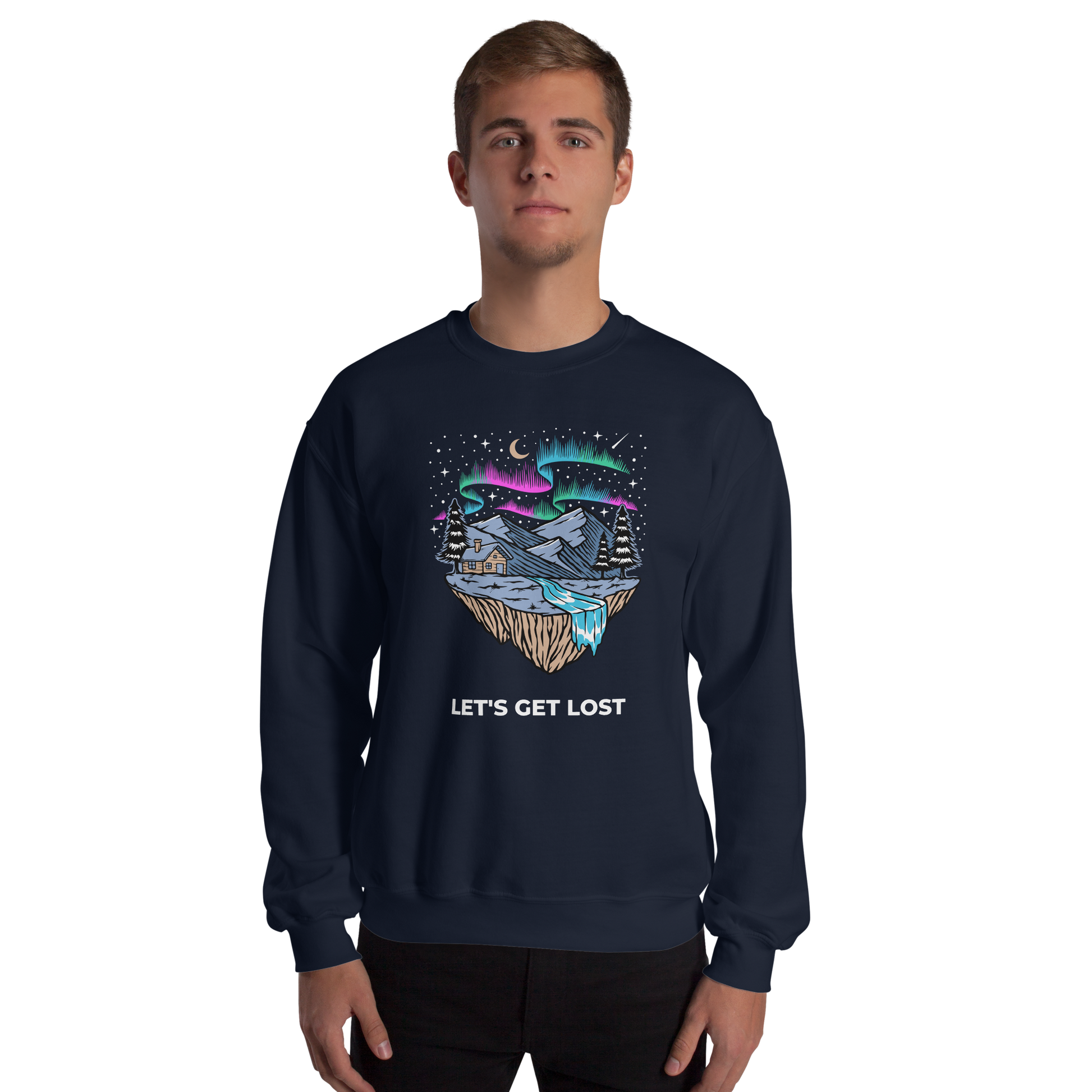 Man wearing a Navy Let's Get Lost Sweatshirt featuring a mesmerizing night sky, adorned with stars and aurora borealis graphic on the chest - Cool Graphic Northern Lights Sweatshirts - Boozy Fox