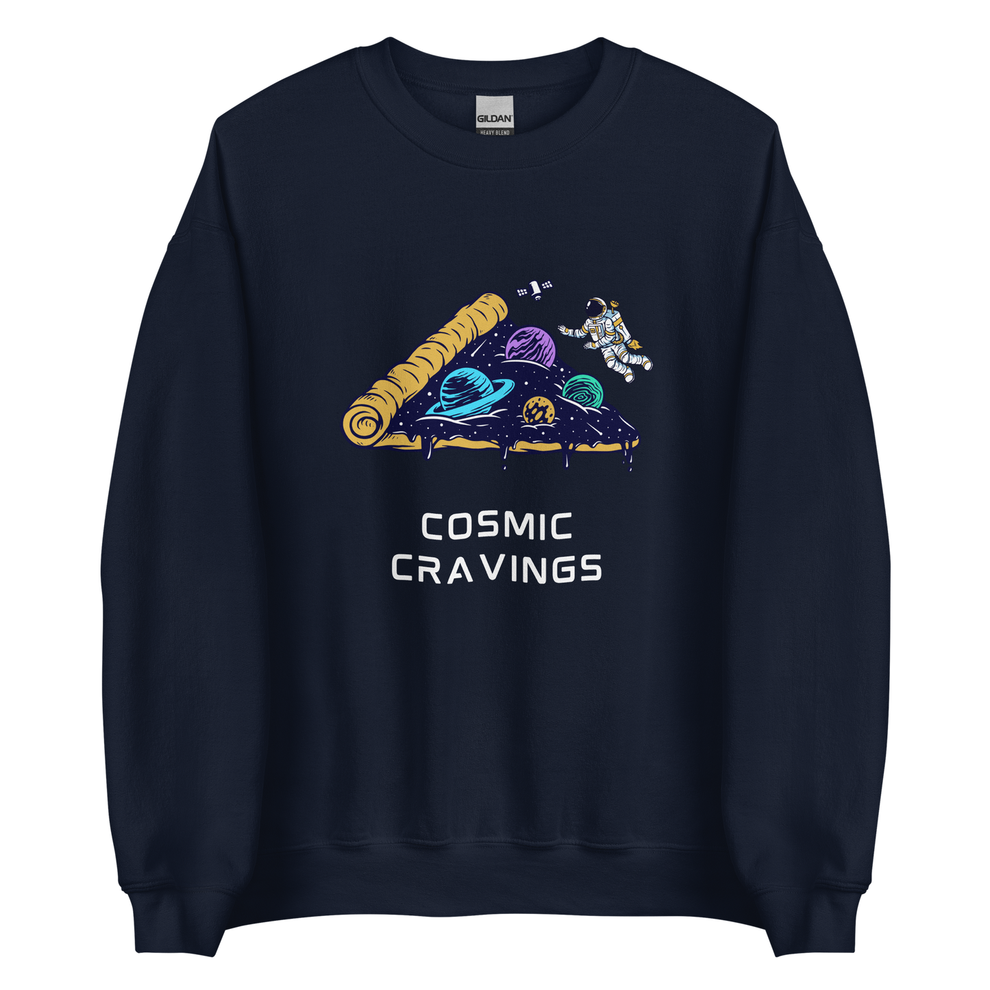 Navy Cosmic Cravings Sweatshirt featuring an Astronaut Exploring a Pizza Universe graphic on the chest - Funny Graphic Space Sweatshirts - Boozy Fox