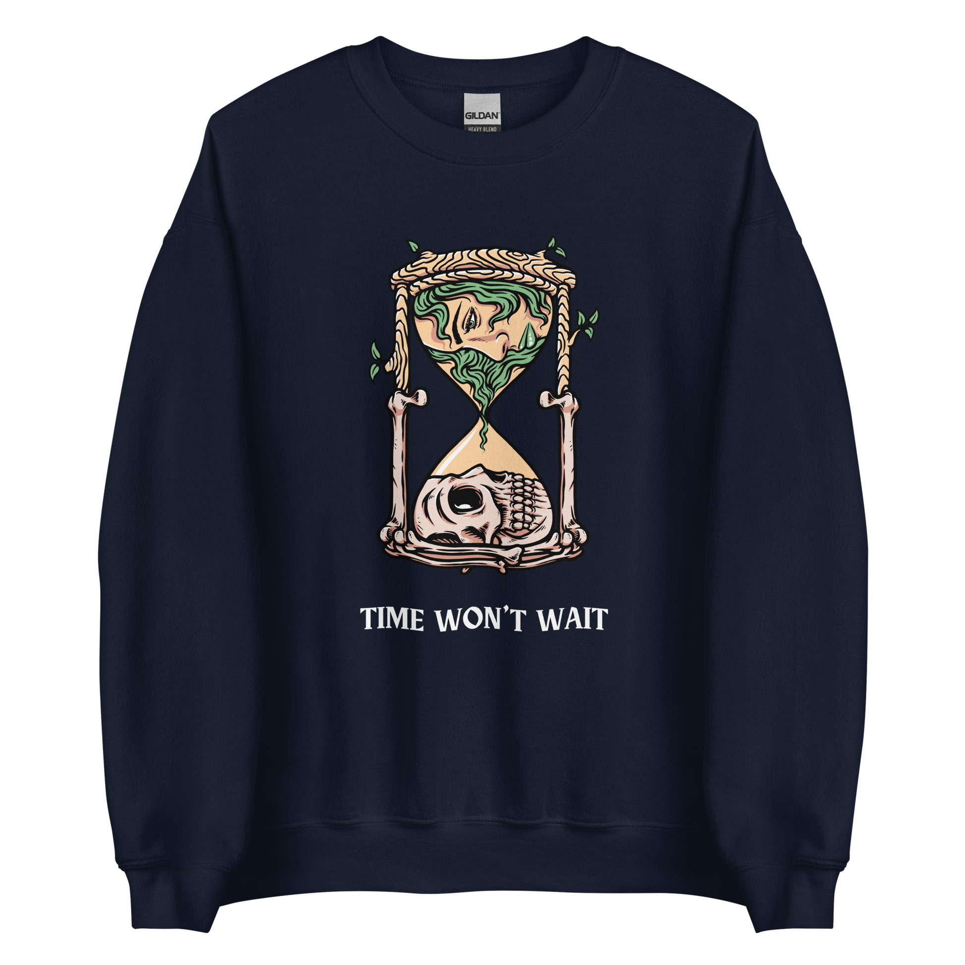 Navy Hourglass Sweatshirt featuring a captivating Time Won't Wait graphic on the chest - Cool Graphic Hourglass Sweatshirts - Boozy Fox