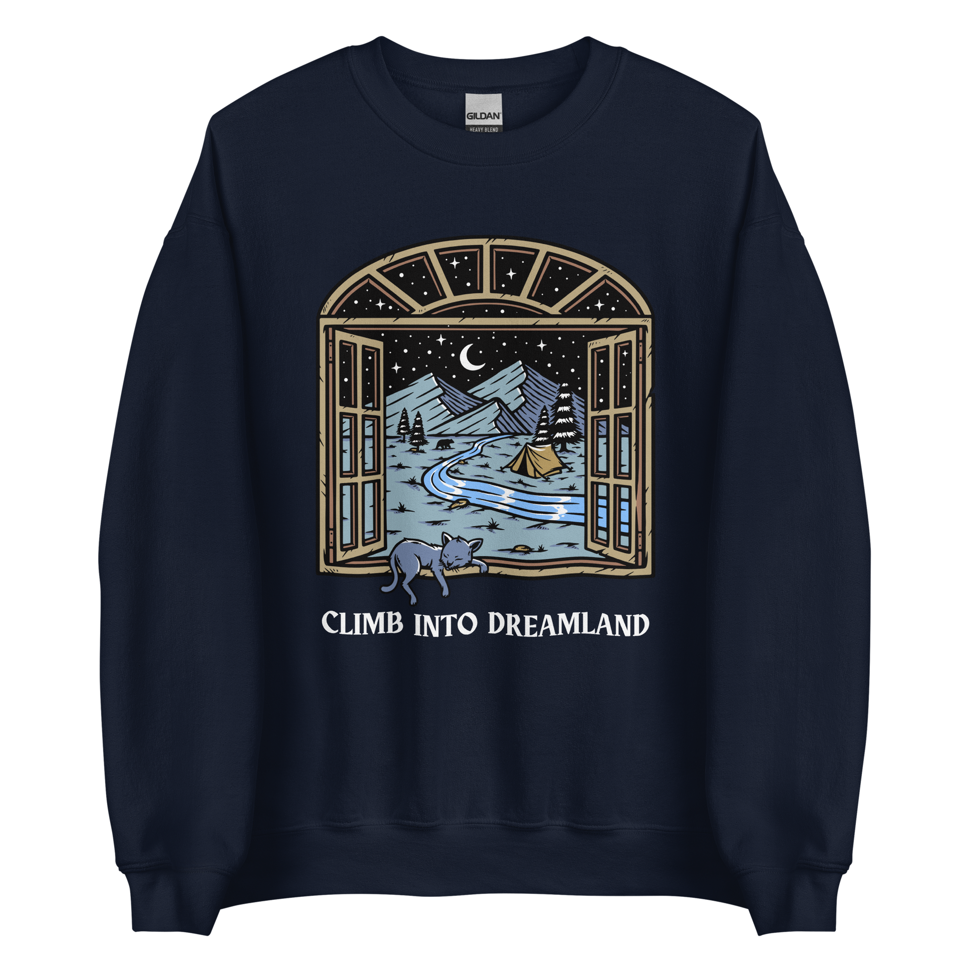Navy Climb Into Dreamland Sweatshirt featuring a mesmerizing mountain view graphic on the chest - Cool Graphic Nature Sweatshirts - Boozy Fox