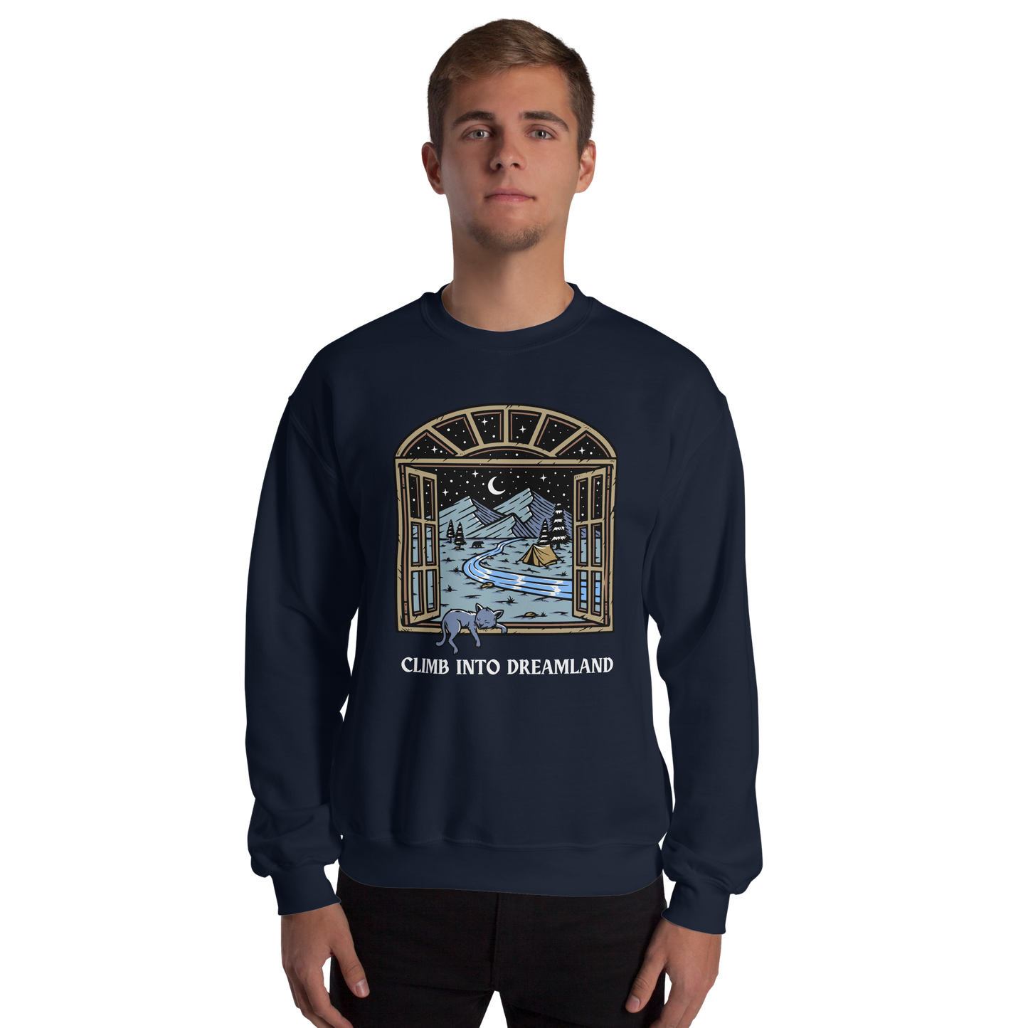 Man wearing a Navy Climb Into Dreamland Sweatshirt featuring a mesmerizing mountain view graphic on the chest - Cool Graphic Nature Sweatshirts - Boozy Fox