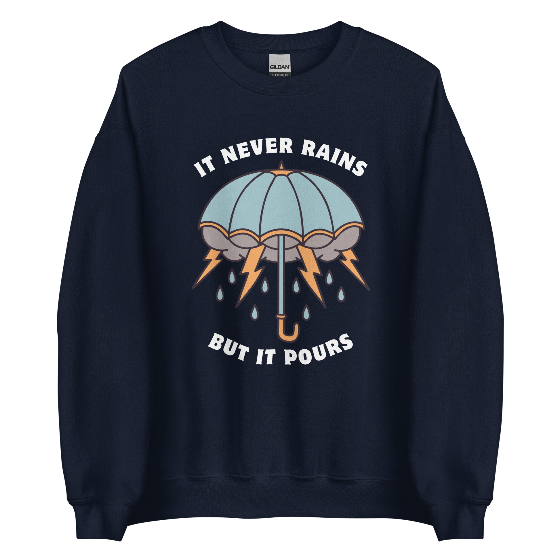 Navy Umbrella Sweatshirt featuring a unique It Never Rains But It Pours graphic on the chest - Cool Tattoo-Inspired Graphic Umbrella Sweatshirts - Boozy Fox