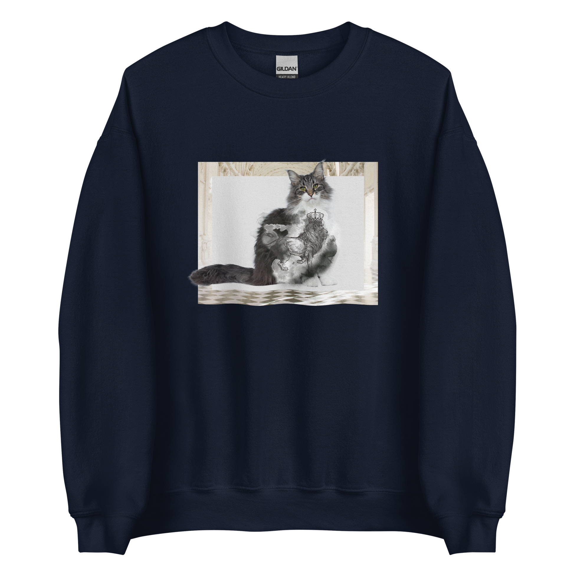 Navy Royal Cat Sweatshirt featuring a Majestic Cat graphic on the chest - Cute Graphic Cat Sweatshirts - Boozy Fox