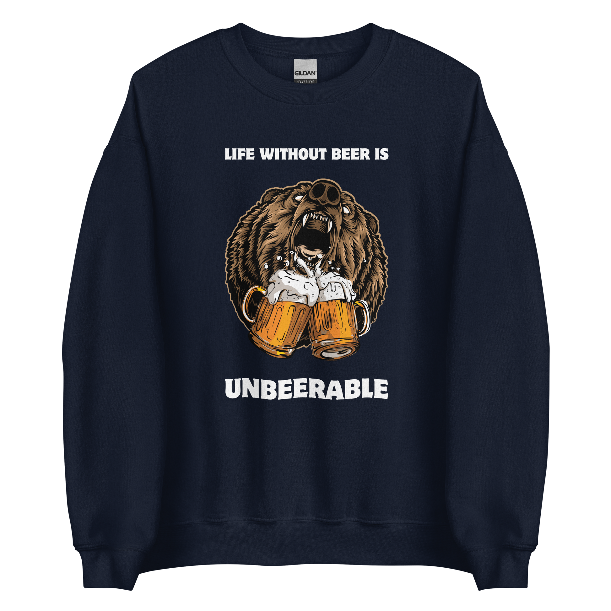 Navy Bear Sweatshirt featuring a Life Without Beer Is Unbeerable graphic on the chest - Funny Graphic Bear Sweatshirts - Boozy Fox